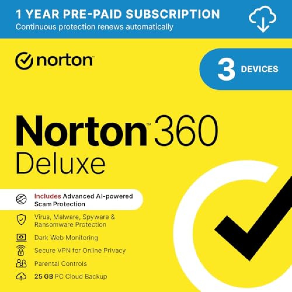 Norton 360 Deluxe 2025, Antivirus Software for 3 Devices and 1-Year Subscription with Automatic ‎Renewal, Includes Secure VPN and Password Manager, PC/Mac/iOS/Android, Activation Code by email