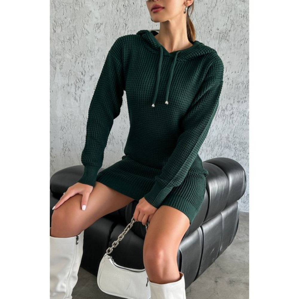 Nosia Fashion Kapüşonlu Uzun Kollu Yeşil Renk Triko Elbise Elbise Fiyatı