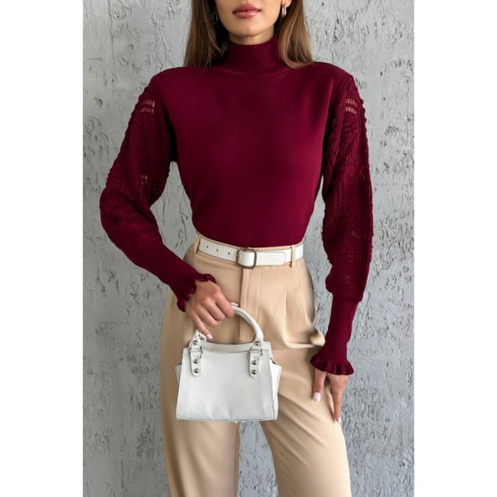 Nosia Fashion Kolları Dantel Detaylı Bordo Triko Kazak NF4460009107524 Bayan Kazak & Süveter & Triko Fiyatı