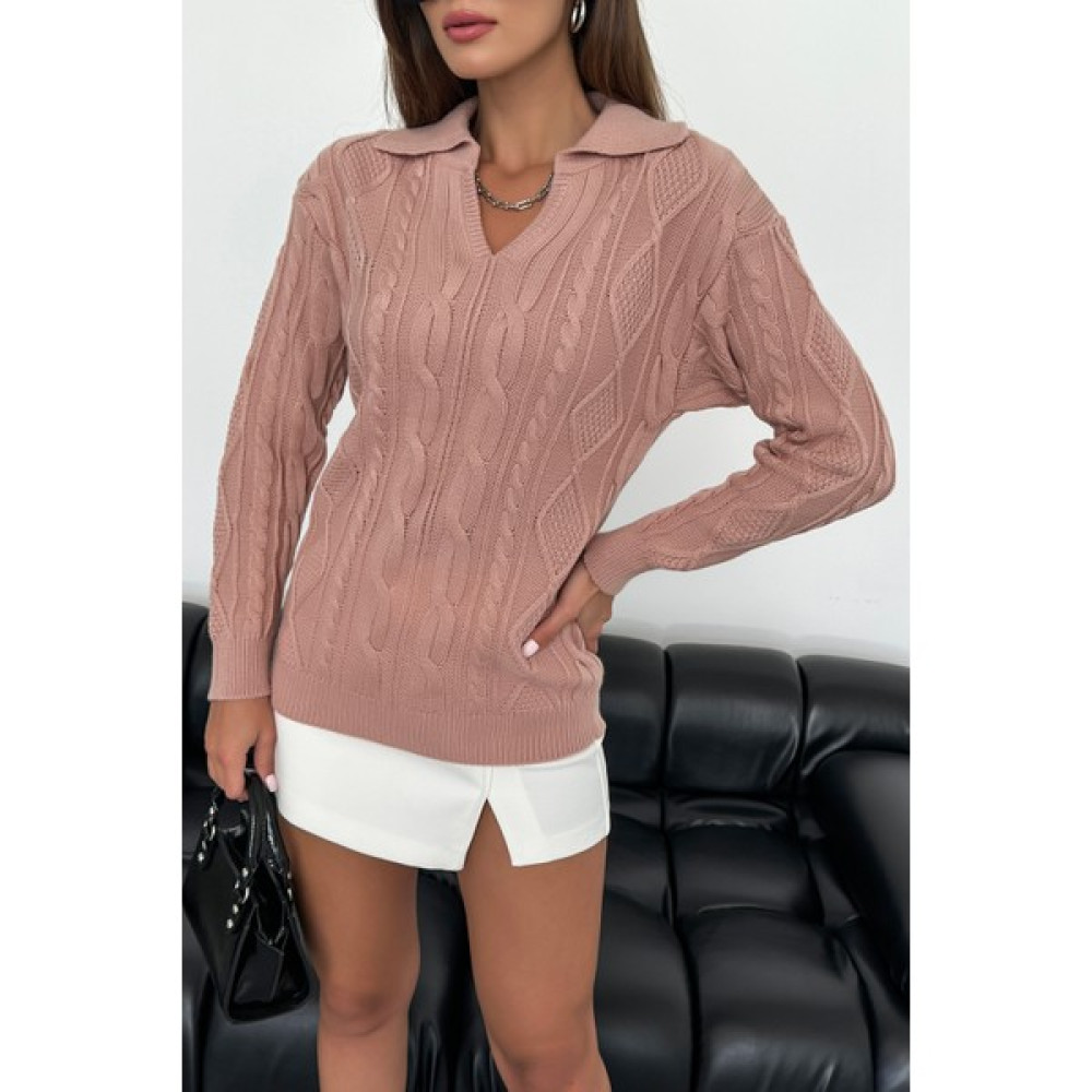 Nosia Fashion Polo Yaka Saç Örgü Detaylı Pudra Renk Triko Kazak Bayan Kazak & Süveter & Triko Fiyatı