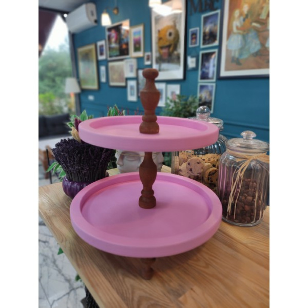Nota Renk Üç Ayaklı Iki Katlı Ahşap Sunumluk Bebek Pembe 36CM Servis Tepsisi Fiyatı