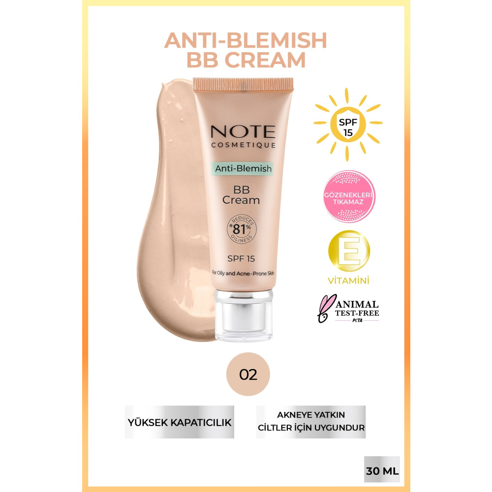 NOTE Anti-Blemish BB Cream 02 Akneye Yatkın Ciltler SPF 15 BB Krem Makyaj Ürünleri Fiyatı