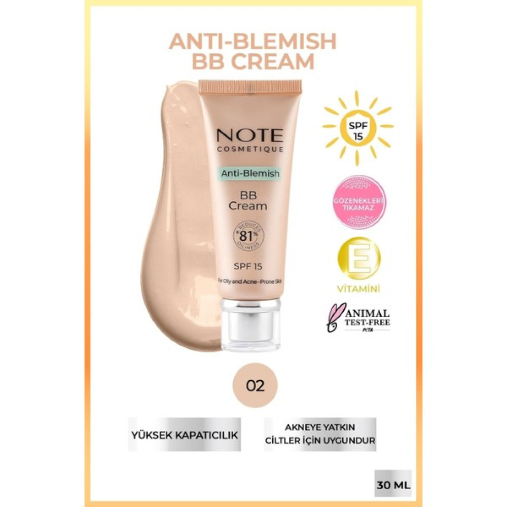 Note Cosmetics Anti-Blemish Bb Cream - Ye Yatkın Ciltler 02 Bb Cilt ve Yüz Bakımı Fiyatı