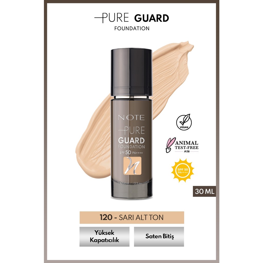 Note Cosmetics Pure Guard Foundation 120 Golden Beige Spf 50 Yoğun Kapatıcı Saten Bitişli Fondöten Diğer Fiyatı