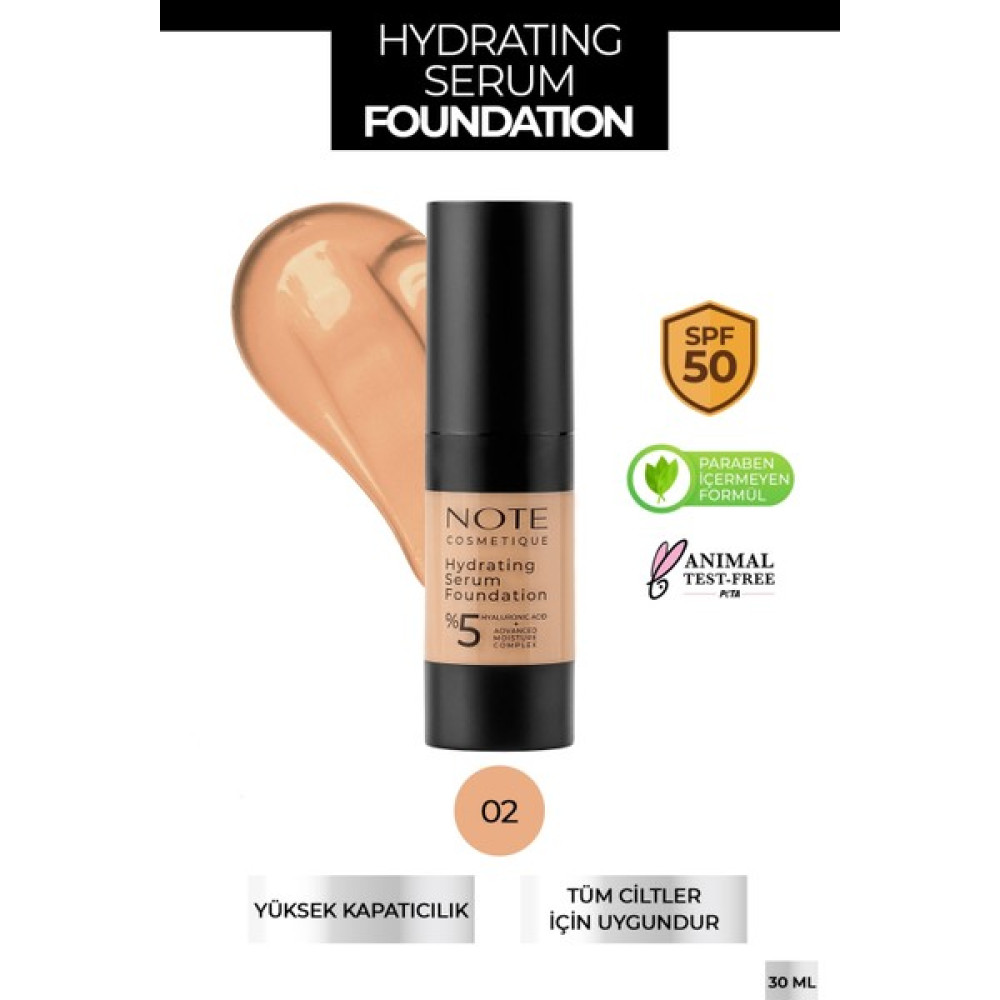 Note Hydrating Nemlendirici Etkili Hyaluronik Asitli SPF 50 Serum Fondöten 02 Fondötenler Fiyatı