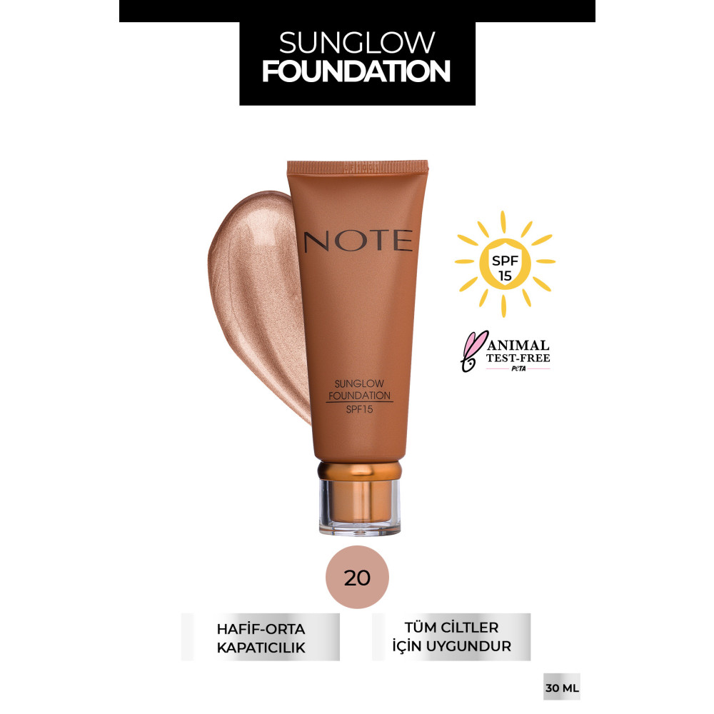 NOTE Sunglow Foundation Işıltılı Bronzlaştırıcı Fondöten 20 Fondötenler Fiyatı