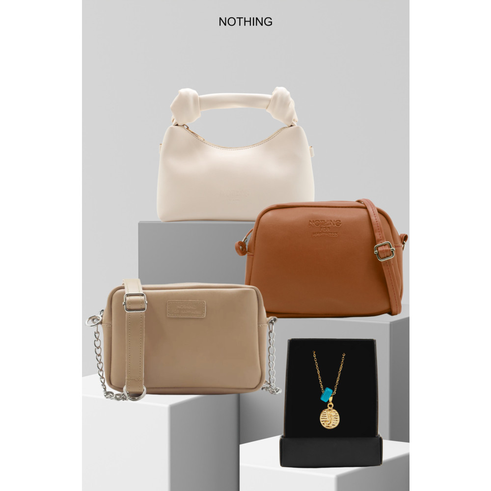 NOTHING Kadın 3lü Zincirli Çanta Urban Çanta Düğüm Detaylı Çanta Seti Kolye Hediyeli Krem Taba Vizon Unisex Çanta & Cüzdan ve Seyahat Çantaları Fiyatı