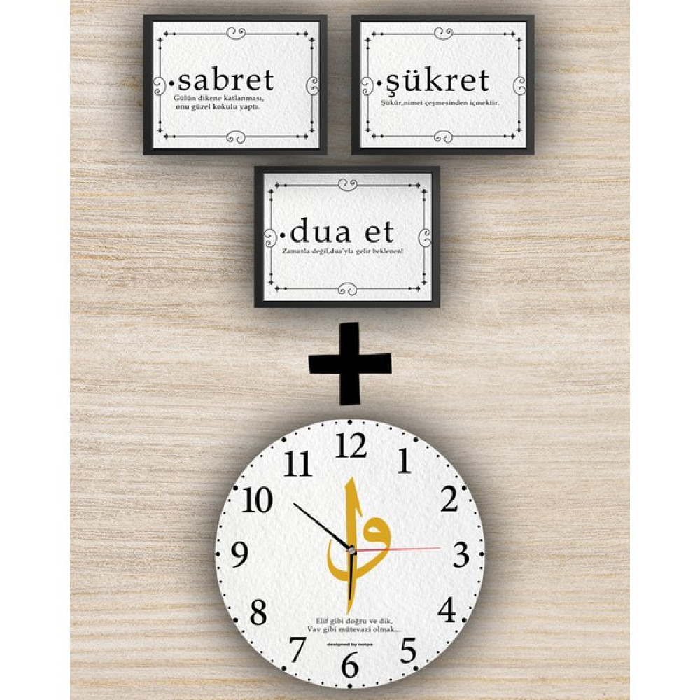 Notpa Aksesuar Elif Vav Set Dekoratif Ahşap Duvar SAATI(33X33) + 3'lü TABLO(13X17) - Renkli - 34 x 26 cm Dekoratif Saat Fiyatı