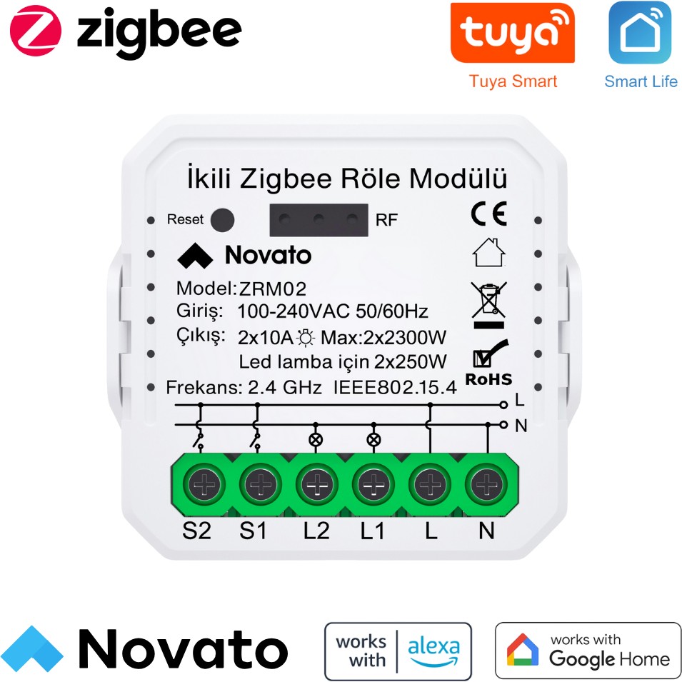 Novato Tuya Uyumlu Zigbee Çift Çıkışlı Akıllı Anahtar (10A - 220V Röle) Anahtar Girişli, Google Asistan, Alexa Home Assistant Zigbee2MQTT ZHA Destekli Switch - 1 Adet Oto, Bahçe, Yapı Market Fiyatı