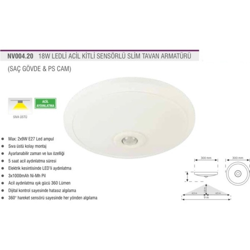 Novo Acil Kitli 360 Derece Sensörlü Tavan Armatürü - 3000K - Günışığı Armatür Fiyatı