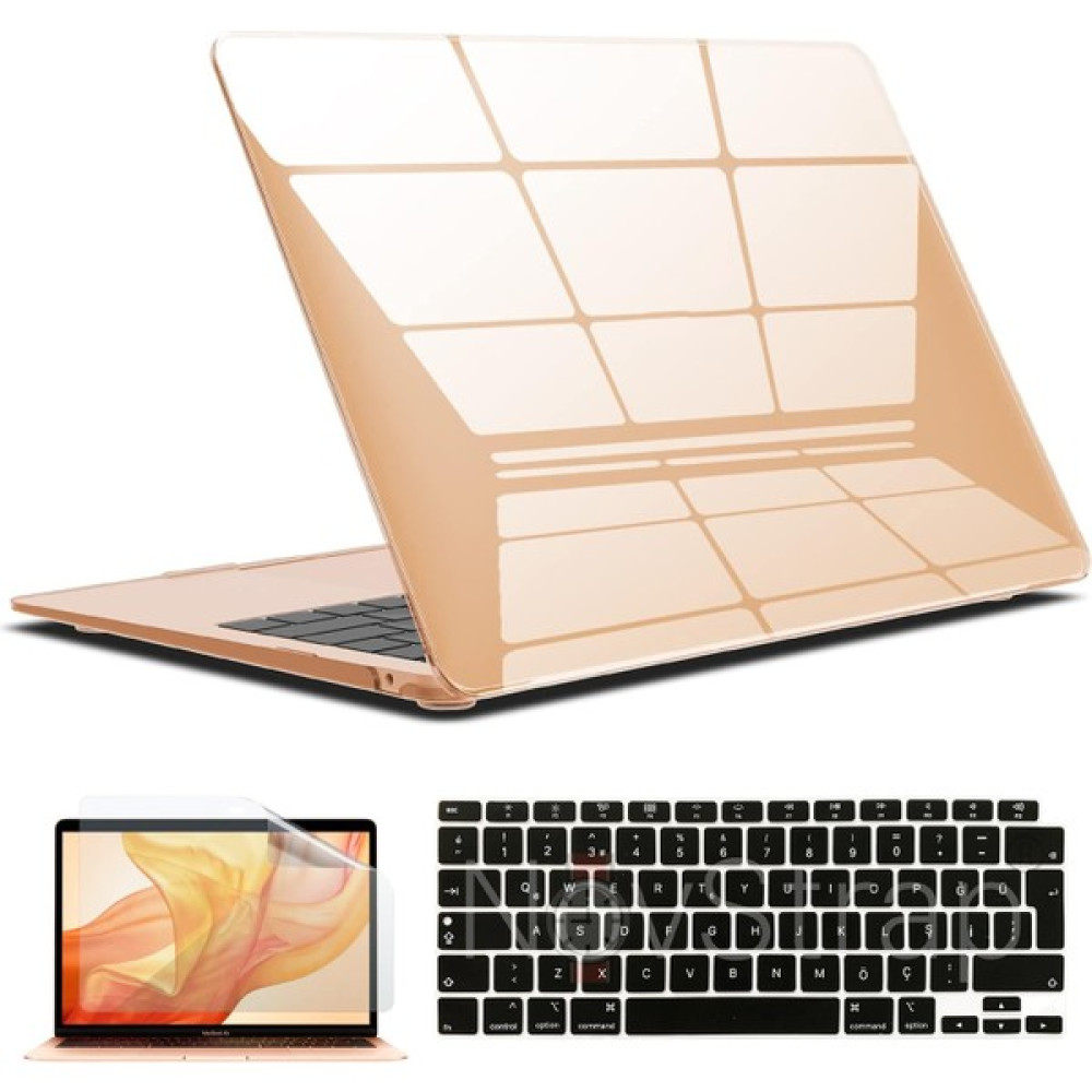NovStrap Apple MacBook Air 13 Inch M1 Çip A2337 Uyumlu Alt Üst Parlak Kılıf + Siyah Klavye Kılıfı + Film - Şeffaf Tablet Pc Aksesuarları Fiyatı