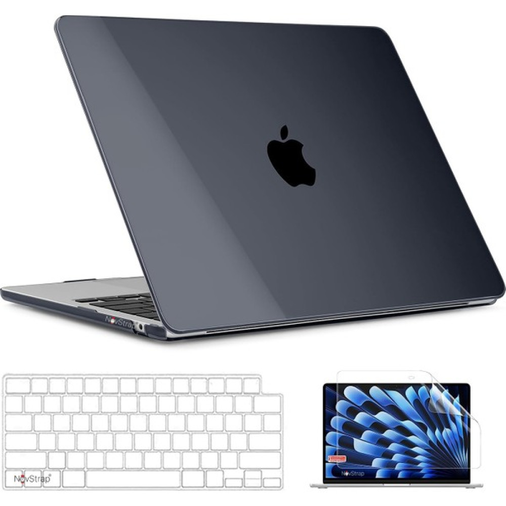 Novstrap Apple Macbook Air 15 Inç A2941 M2 Çip ile Uyumlu Parlak Kılıf + Şeffaf Klavye Kılıfı + Film - Macbook Air 15 inç M2 (A2941) - Siyah Tablet Pc Aksesuarları Fiyatı