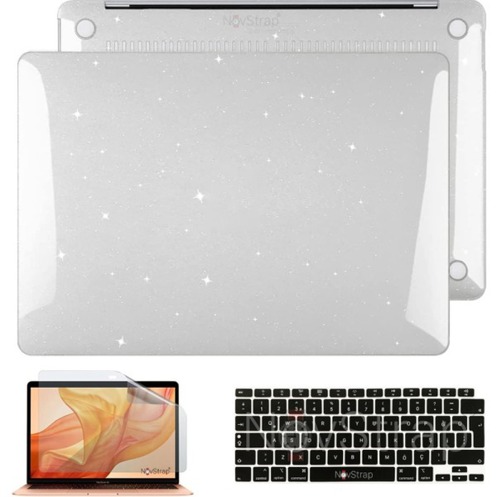 Novstrap Apple MacBook Air M1 Çip 13 Inç A2337 ile Uyumlu Simli Kılıf + Siyah Klavye Kılıfı + Film - Macbook Air M1 13 inç (A2337-A1932-A2179) Tablet Pc Aksesuarları Fiyatı