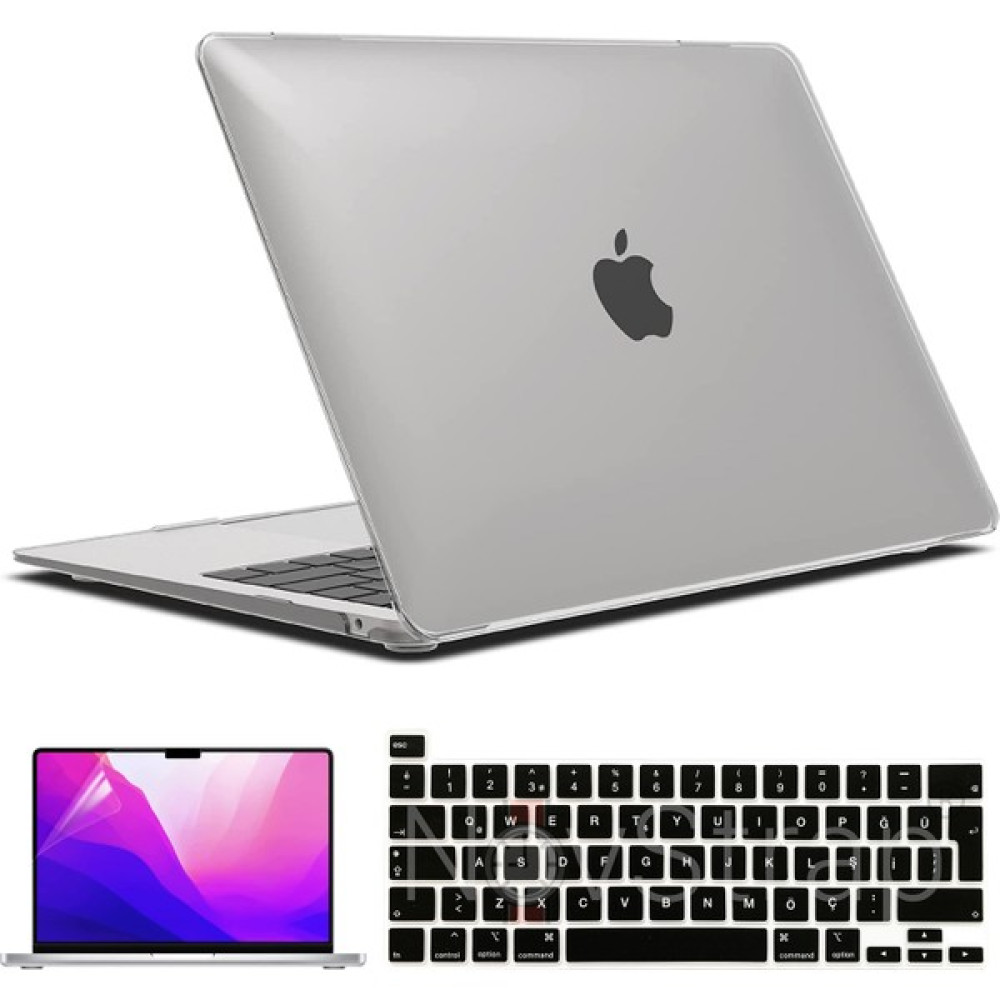 NovStrap Apple MacBook Pro 13 Inç M1 Çip A2338 Uyumlu Alt Üst Parlak Kılıf + Siyah Klavye Kılıfı + Film - Şeffaf Tablet Pc Aksesuarları Fiyatı