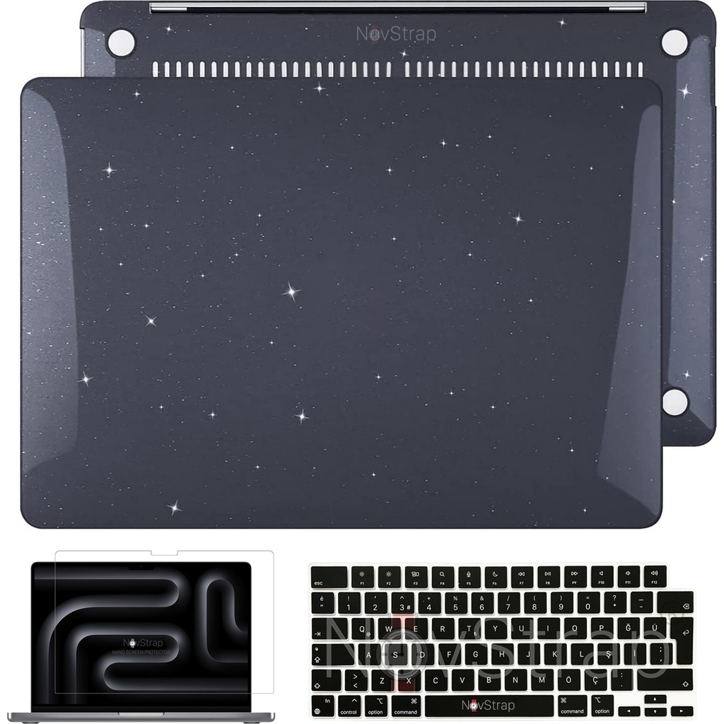 Novstrap Apple Macbook Pro 14 Inç M3 Çip A2992 A2918 ile Uyumlu Simli Kılıf+Siyah Klavye Kılıfı+Film - Macbook Pro 14 inç M3 Çip (A2992-A2918) - Siyah Cep Telefonu Kılıfı Fiyatı