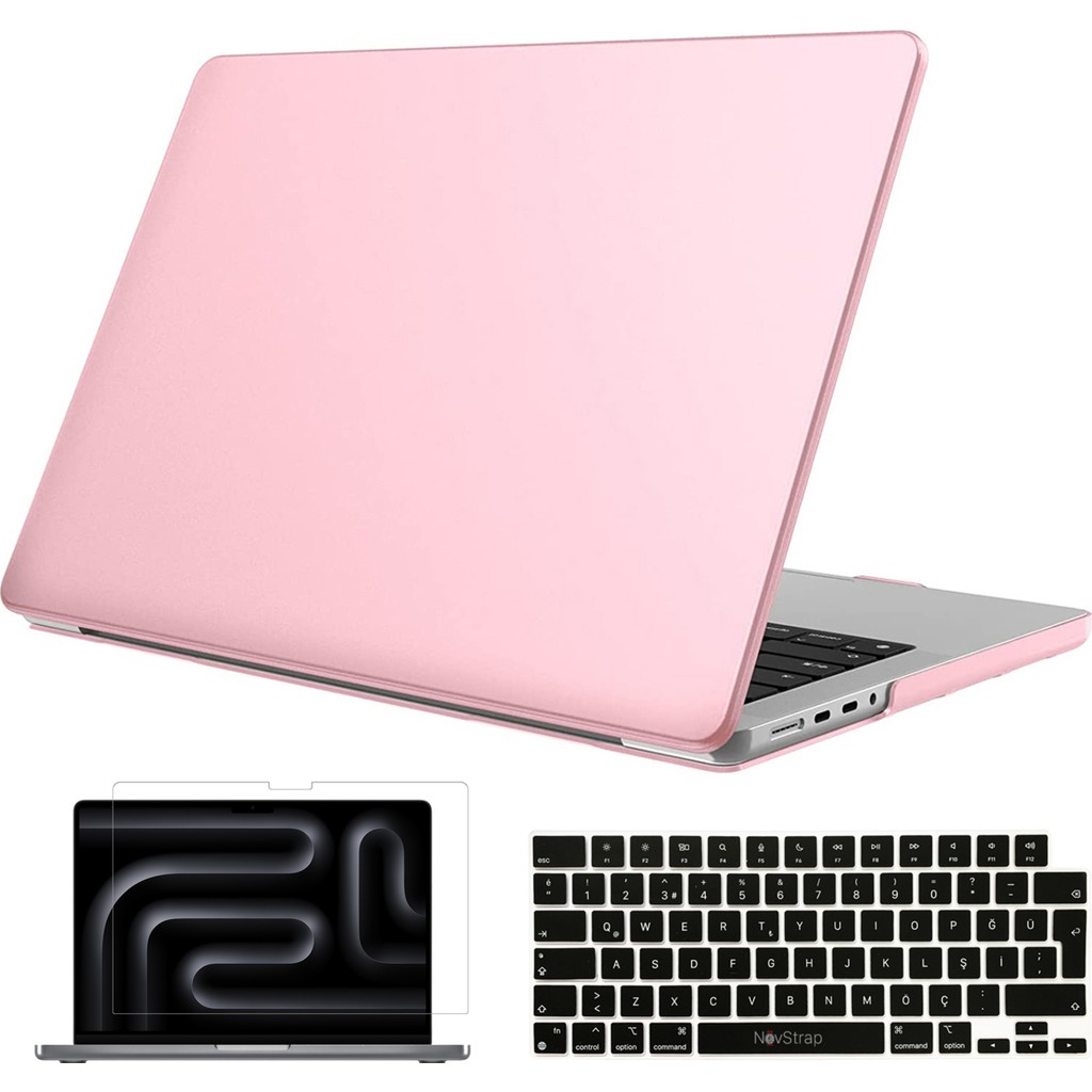 Novstrap Apple Macbook Pro 16 Inç M4 A3186 A3403 ile Uyumlu Parlak Kılıf + Siyah Klavye Kılıfı +Film - Pembe Cep Telefonu Kılıfı Fiyatı