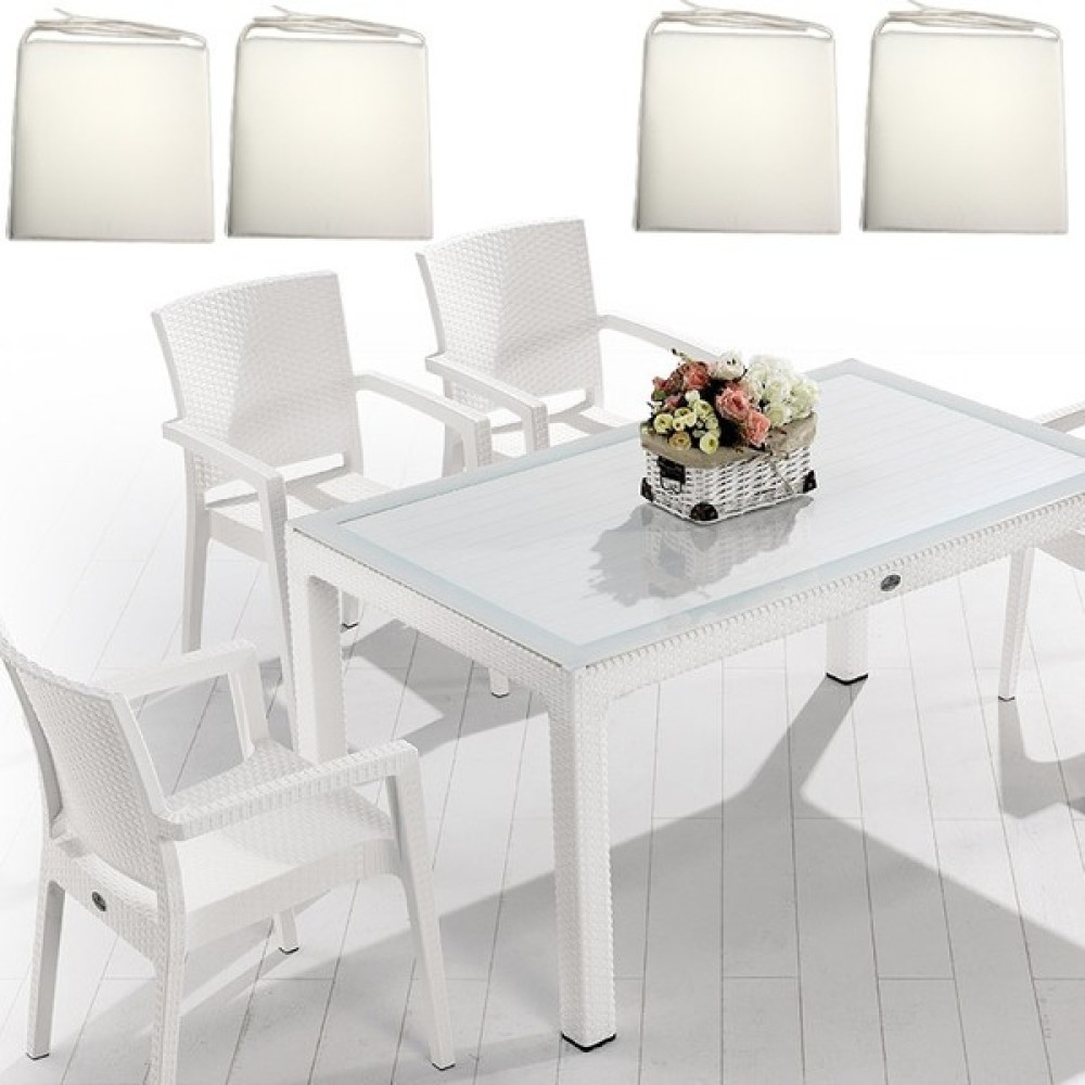 Novussi 90x150 Classi Rattan Masa ve 4 Adet Minderli Paris Koluk - Bahçe takımı - Beyaz Bahçe Mobilyası Takımı Fiyatı