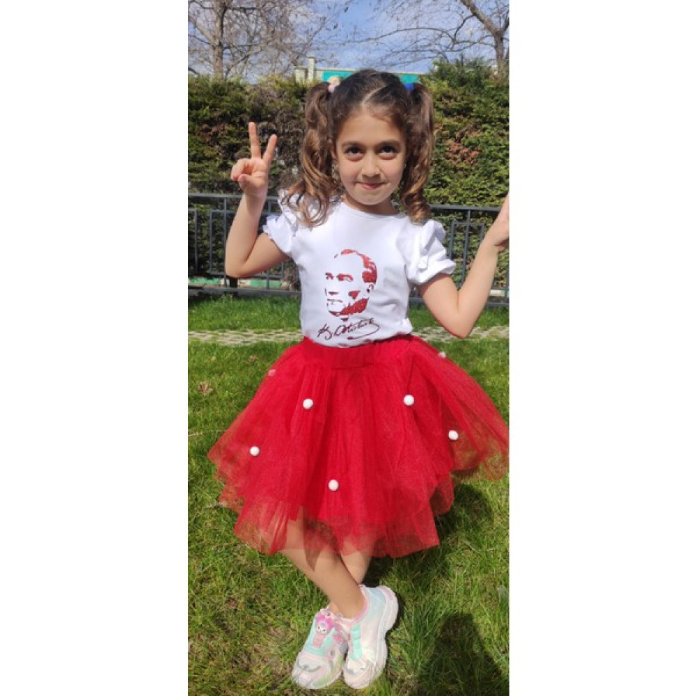 Novy Baby 23 Nisan Atatürk Baskılı Omuzu Kolu Fırfırlı Tişört Kız Çocuk - 2-9 Yaş - Beyaz Kırmızı Simli - 2088 Kız Çocuk T-shirt Fiyatı