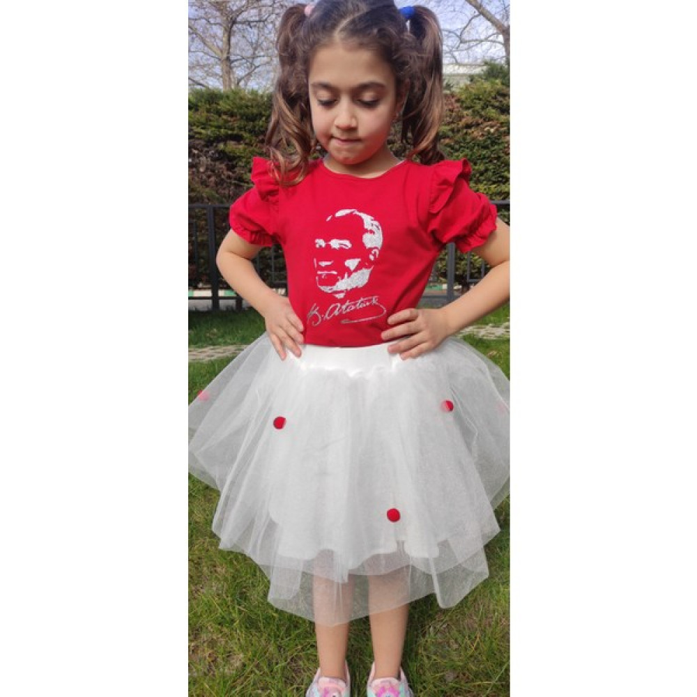 Novy Baby 23 Nisan Atatürk Baskılı Omuzu Kolu Fırfırlı Tişört Kız Çocuk - 2-9 Yaş - Kırmızı Gri Simli - 2088 Kız Çocuk T-shirt Fiyatı