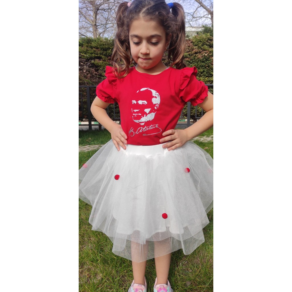 Novy Baby 23 Nisan Atatürk Baskılı Omuzu Kolu Fırfırlı Tişört Kız Çocuk - 2-9 Yaş - Kırmızı Gri Simli - 2088 Giyim & İç Giyim Fiyatı