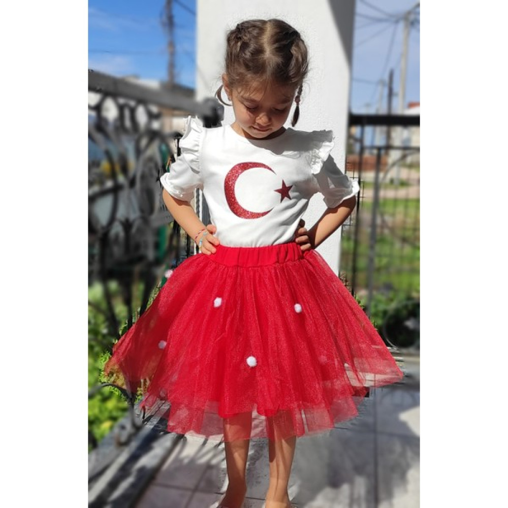 Novy Baby 23 Nisan Türk Bayraklı Omuzu ve Kolu Fırfırlı Tişört Kız Çocuk - 2-9 Yaş - 2088 Kız Çocuk T-shirt Fiyatı