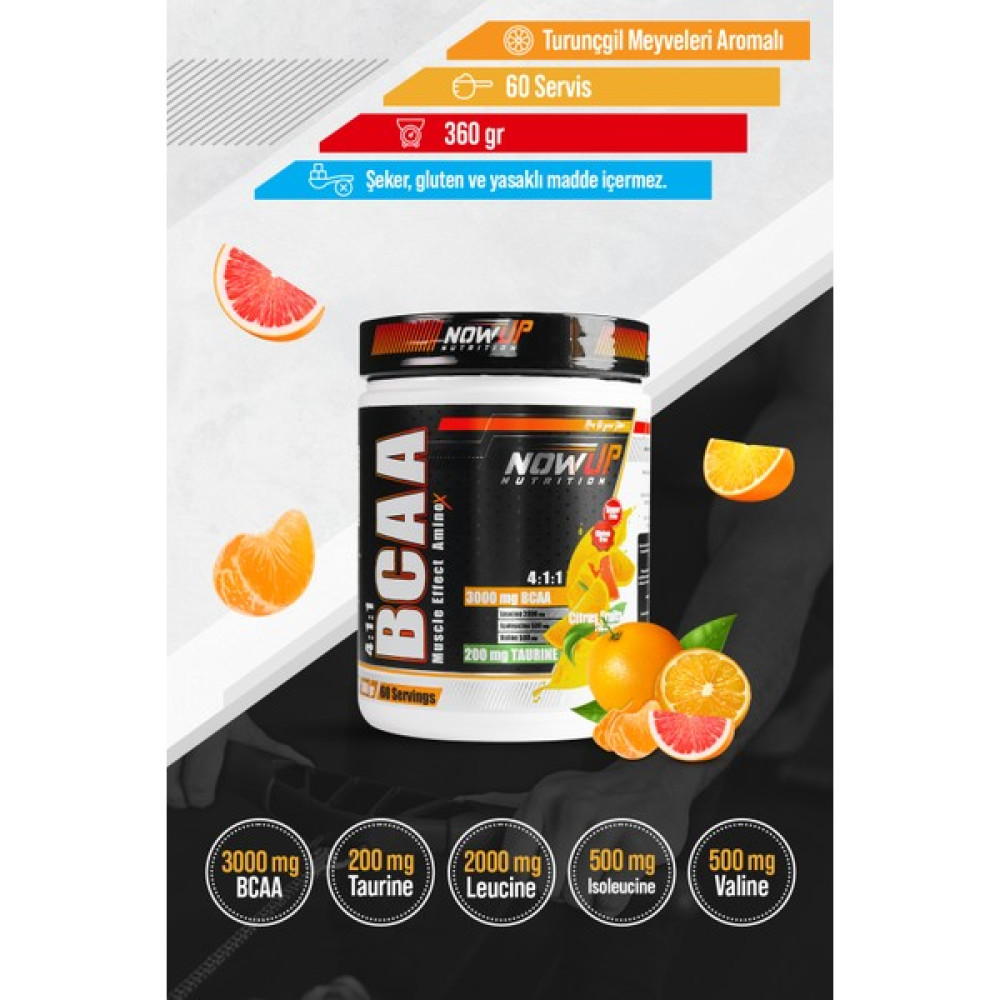 Nowup Nutrition Bcaa 4:1:1 Muscle Effect Amino Asit / Turunç Meyveleri Aromalı / 360 gr. / 60 Servis Amino Asit Fiyatı