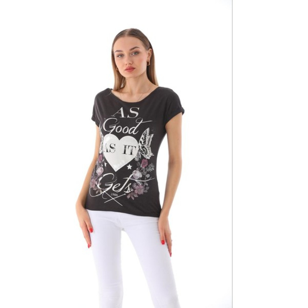 Noynoy Butik Kadın Çiçek Desenli Kısa Kollu Bitli Kumaş Tisört Bayan T-shirt Fiyatı