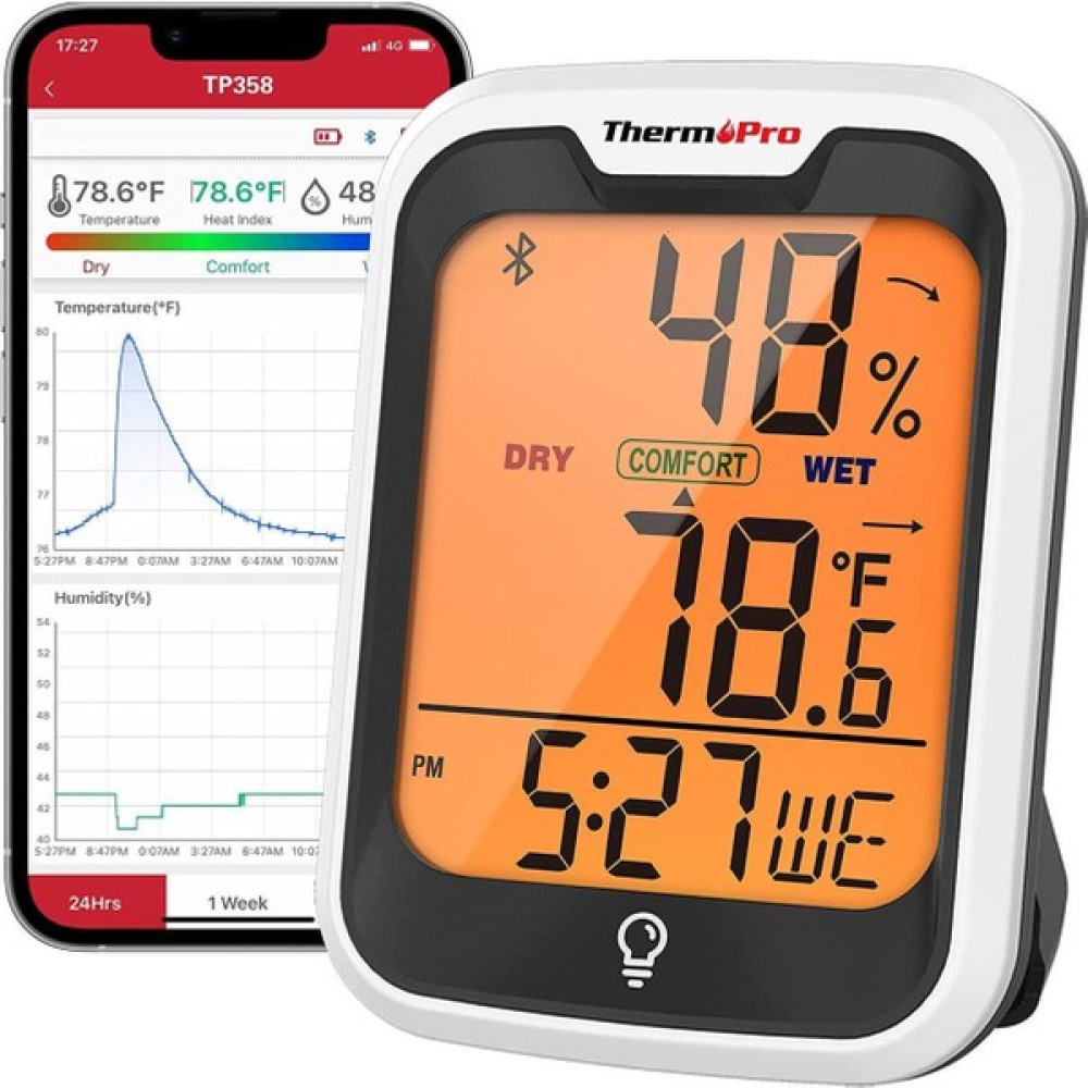 Npo Thermopro TP358 Telefon Kontrollü, Saatli, Takvimli, Iç Mekan Sıcaklık ve Nem Ölçer Termometre - Siyah - Gri Termometre & Higrometre Fiyatı
