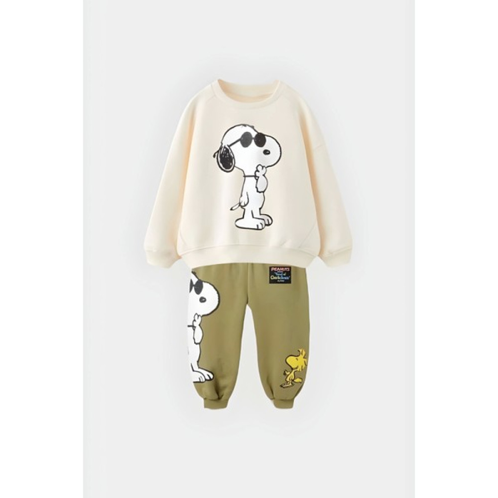 NSE Collection Çocuk Snoopy Baskılı Haki Pamuklu Kışlık Sweat ve Eşofman Alt Üst Takım Erkek Çocuk Giyim Takımı Fiyatı