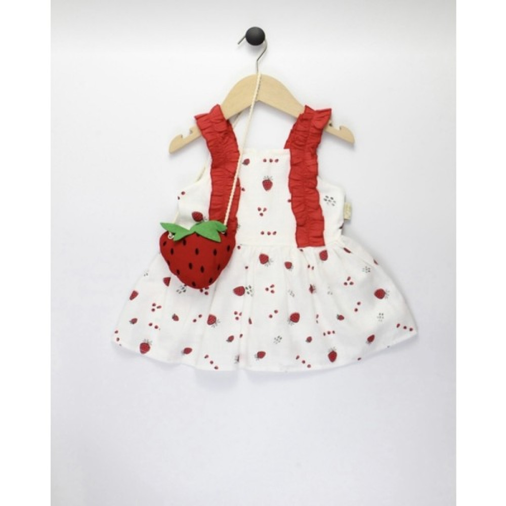 NSE Collection Kız Bebek Keten Fırfır Askılı Çilek Model Elbise ve Sahte Çilek Modelli Çanta Takımı Bebek Elbisesi Fiyatı