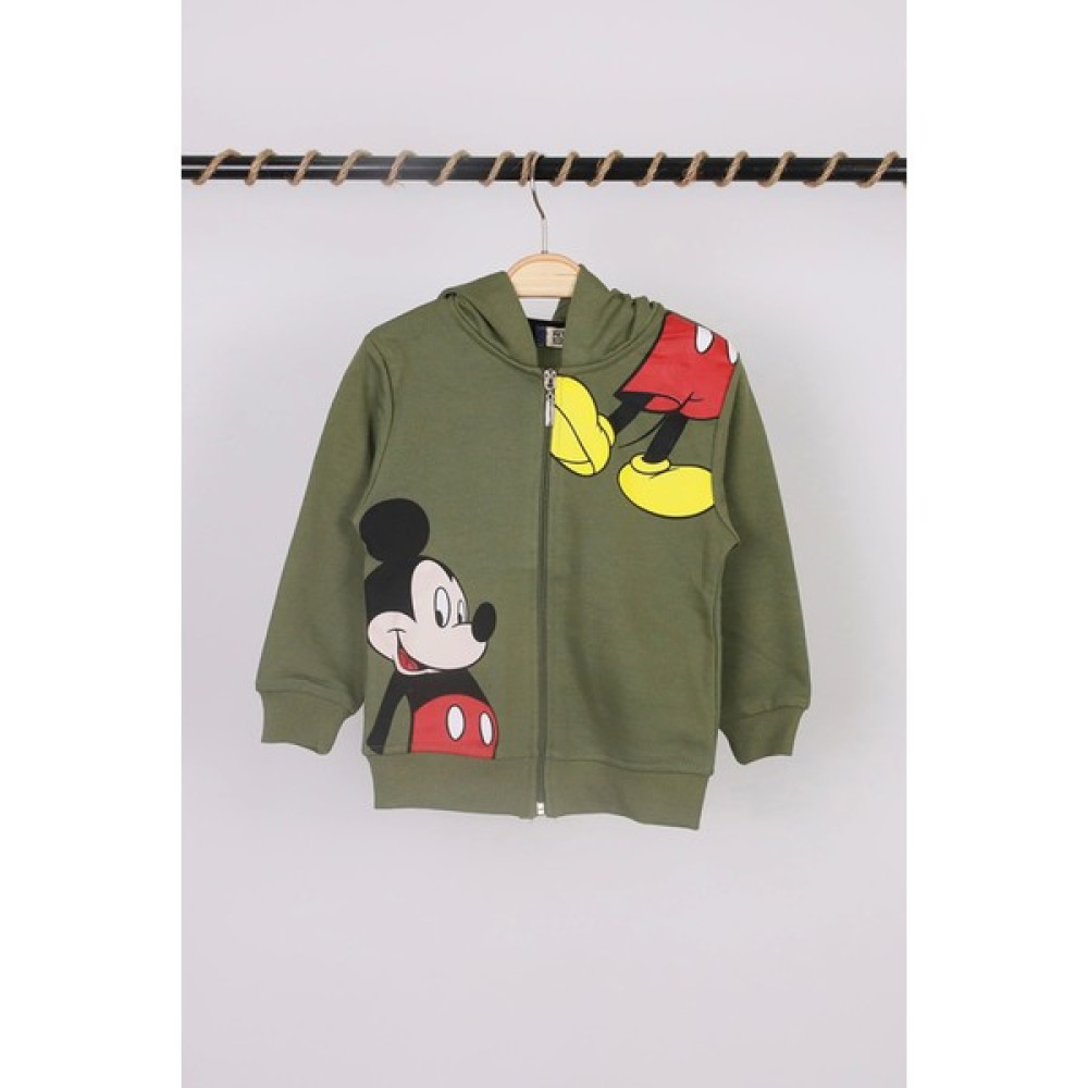NSE Collection Unisex Çocuk Mickey Mouse Baskılı Haki Renk Mevsimlik Kapüşonlu Hırka Kız Çocuk Kazak & Süveter & Triko Fiyatı