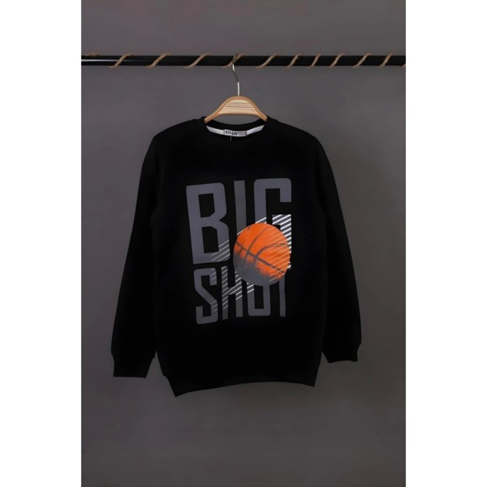 NSE Erkek Çocuk Bisiklet Yaka Siyah Renk Big Shot Basketbol Baskılı 3 Iplik Şardonsuz Basic Sweatshirt Erkek Çocuk Sweatshirt Fiyatı