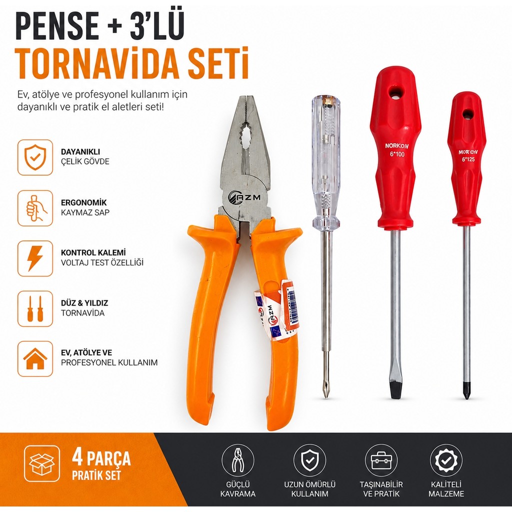 Nse Profesyonel Pense + 3’lü Tornavida Seti (Kontrol Kalemi, Düz ve Yıldız Tornavida) Dayanıklı El Aletleri Set Kalem & Yazı Gereçleri Fiyatı