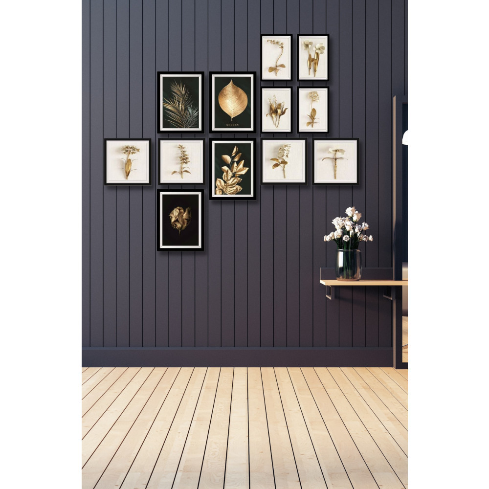 NT Handmade 12 Parça Ahşap Tablo Seti - Gold Yapraklar Salon Oturma Yatak Odası Için Mdf Duvar Dekoru 90x75 Cm 75 x 65 Beden Tablo & Poster Fiyatı