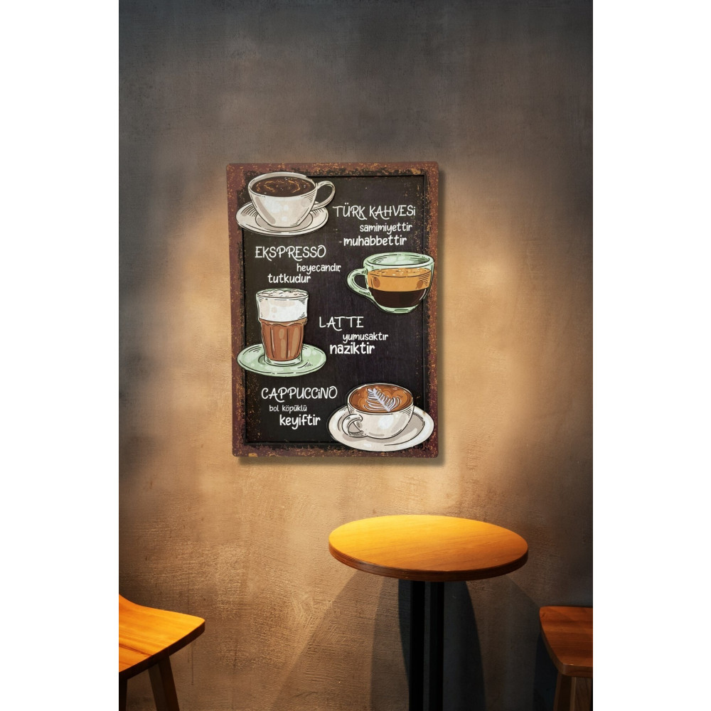 NT Handmade 3 Boyutlu Ahşap Tablo - Kahve Çeşitleri Mutfak Cafe Için 3d Görünümlü Mdf Duvar Dekoru 20x30 Cm Ev & Dekorasyon Aksesuarları Fiyatı