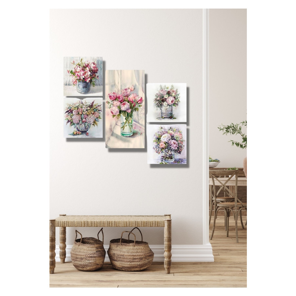 NT Handmade 5 Parça Ahşap Renkli Vazoda Çiçekler Duvar Dekoru - Salon Oturma Yatak Odası Mutfak İçin Tablo Seti 30 x 50 Beden Tablo & Poster Fiyatı