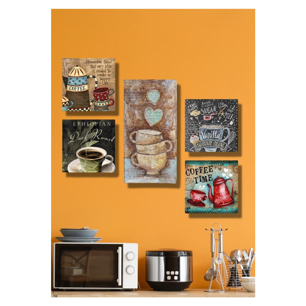 NT Handmade Ahşap 5 Parça Kahve Fincanları Duvar Dekoru Salon Oturma Yatak Odası Mutfak Konsepti Için Tablo Seti 30 x 50 Beden Tablo & Poster Fiyatı