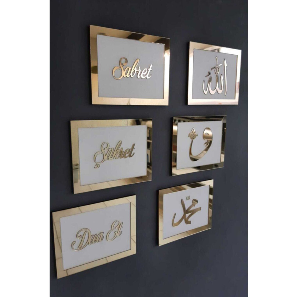 NT Handmade Sabret Dua Et Şükret 6lı Dua Tablo Seti Beyaz Ahşap Gold Altın Pleksi Aynalı Duvar Dekoru 26x16cm 35 x 50 Beden Tablo & Poster Fiyatı