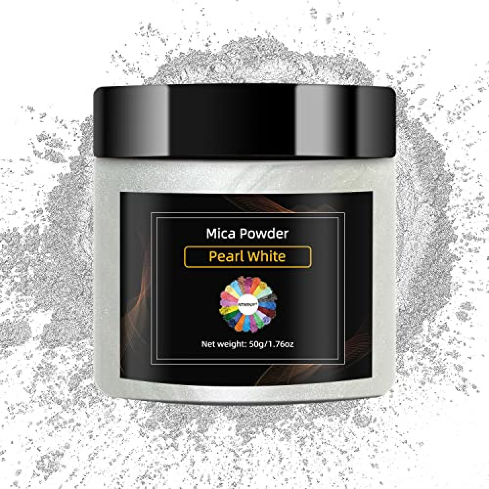 NTWJNJY Pearl White Mica Powder for Epoxy Resin，Natural Shimmer Mica Powder Used for Coloring Resin Artwork, car Spray Paint, Candles, soap, Eye Shadow, Lip Gloss, Nail Polish(50g/1.7oz)