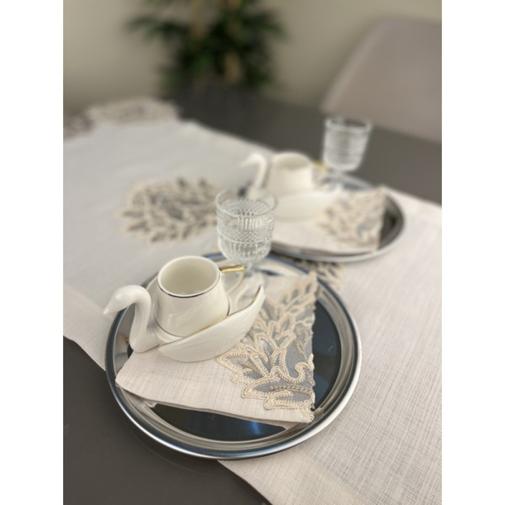 NuBu Atelier Dekoratif Iris Desenli Güpür Dantel Işlemeli 2'Li Kahve Sunum Peçetesi - Cappuccino - 15 x 15 cm Masa Örtüsü Fiyatı