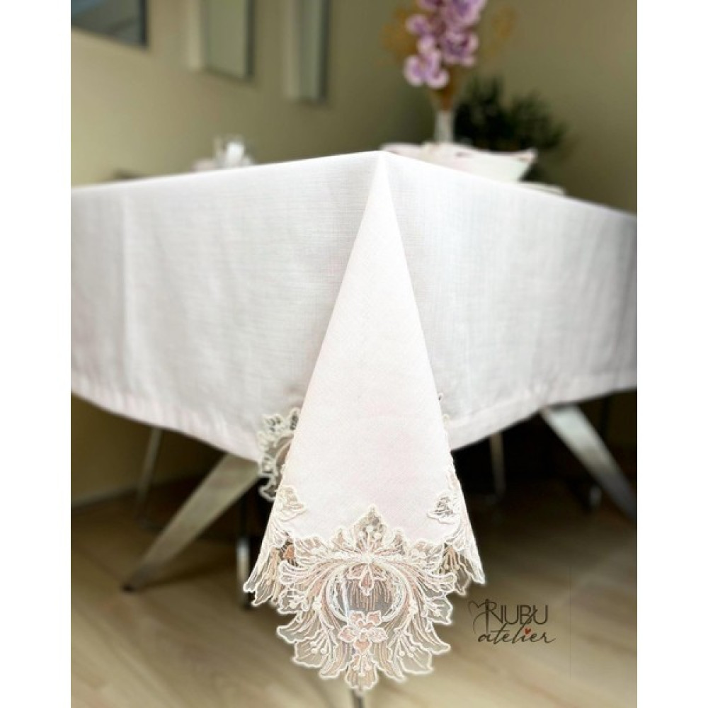 NuBu Atelier Lavanta Renk Güpürlü Masa Örtüsü Sofra Takımı 12 Kişilik Dantelli Gardenya Kumaş (25 Parça) - 160 x 220 cm Masa Örtüsü Fiyatı