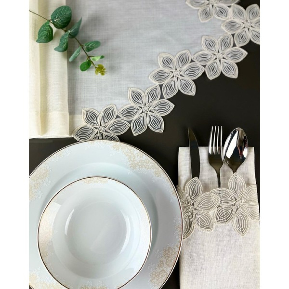 NuBu Atelier Perla Model Güpür Dantelli Gardenya Kumaş 12'li Kaşıklık Peçete Ranır Örtü Sofra Takımı (13 Parça) - Krem - 45 x 120 cm Masa Örtüsü Fiyatı