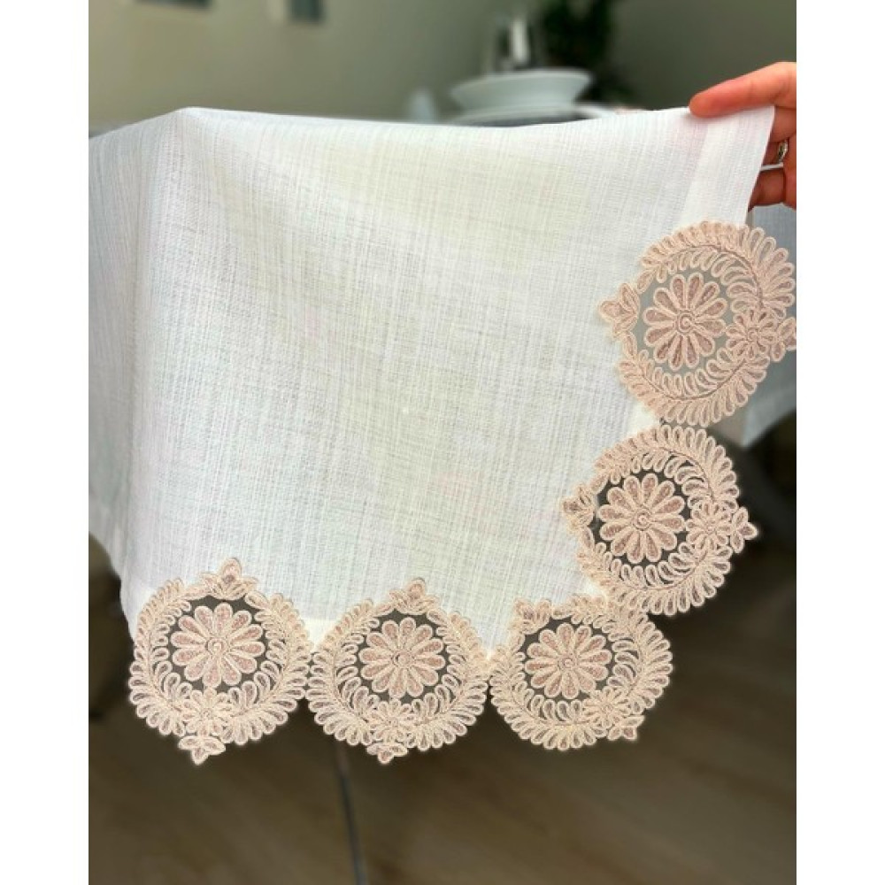 NuBu Atelier Perla Model Masa Örtüsü, Krem Renk Kumaş Güpürlü Runner 12 Kaşıklık Peçeteli Sofra Takımı - 160 x 220 cm - Ekru - Krem Masa Örtüsü Fiyatı