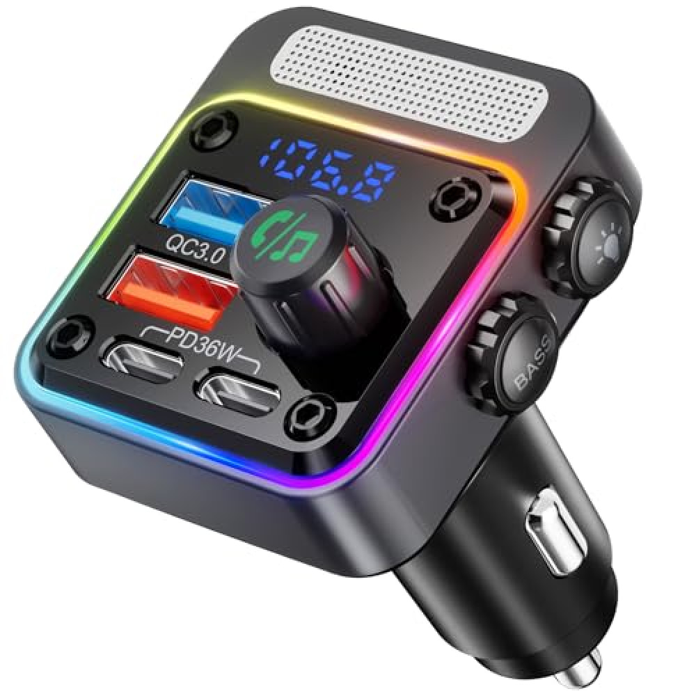 Nulaxy 54W Bluetooth 5.3 Car Adapter with 4 Charging Ports [PD 36W & QC3.0 18W], Wireless Radio FM Transmitter with Deep Bass Player & 5 Colors LED Backlit, Hands-Free Calling, Black