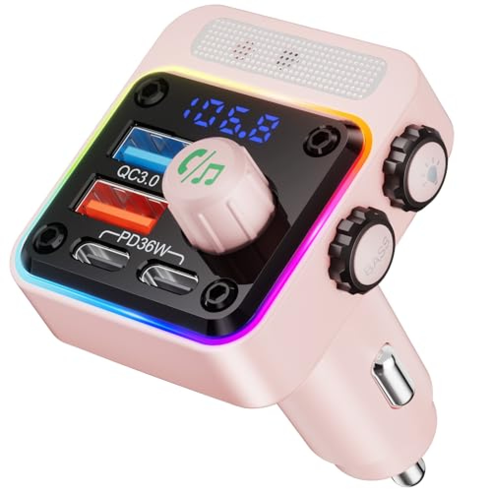 Nulaxy 54W Bluetooth 5.3 Car Adapter with 4 Charging Ports [PD 36W & QC3.0 18W], Wireless Radio FM Transmitter with Deep Bass Player & 5 Colors LED Backlit, Hands-Free Calling - Pink