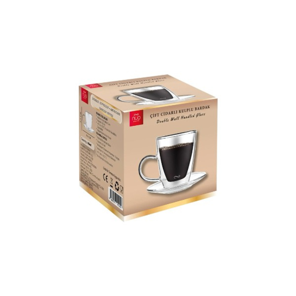 Nuo Çift Cidarlı Kulplu Bardak Tabaklı 80 ml - Şeffaf Fincan / Bardak / Kahve Takımı Fiyatı