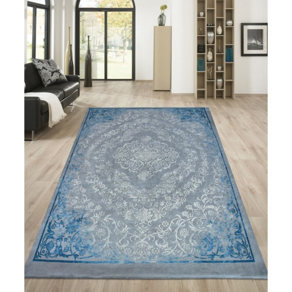 Nur Home Tekstil Mavi & Gri Motifli Süngerli Kadife Lastikli Halı Örtüsü - Mavi - Gri - 150 x 230 cm Salon & Oturma Odası Tekstili Fiyatı