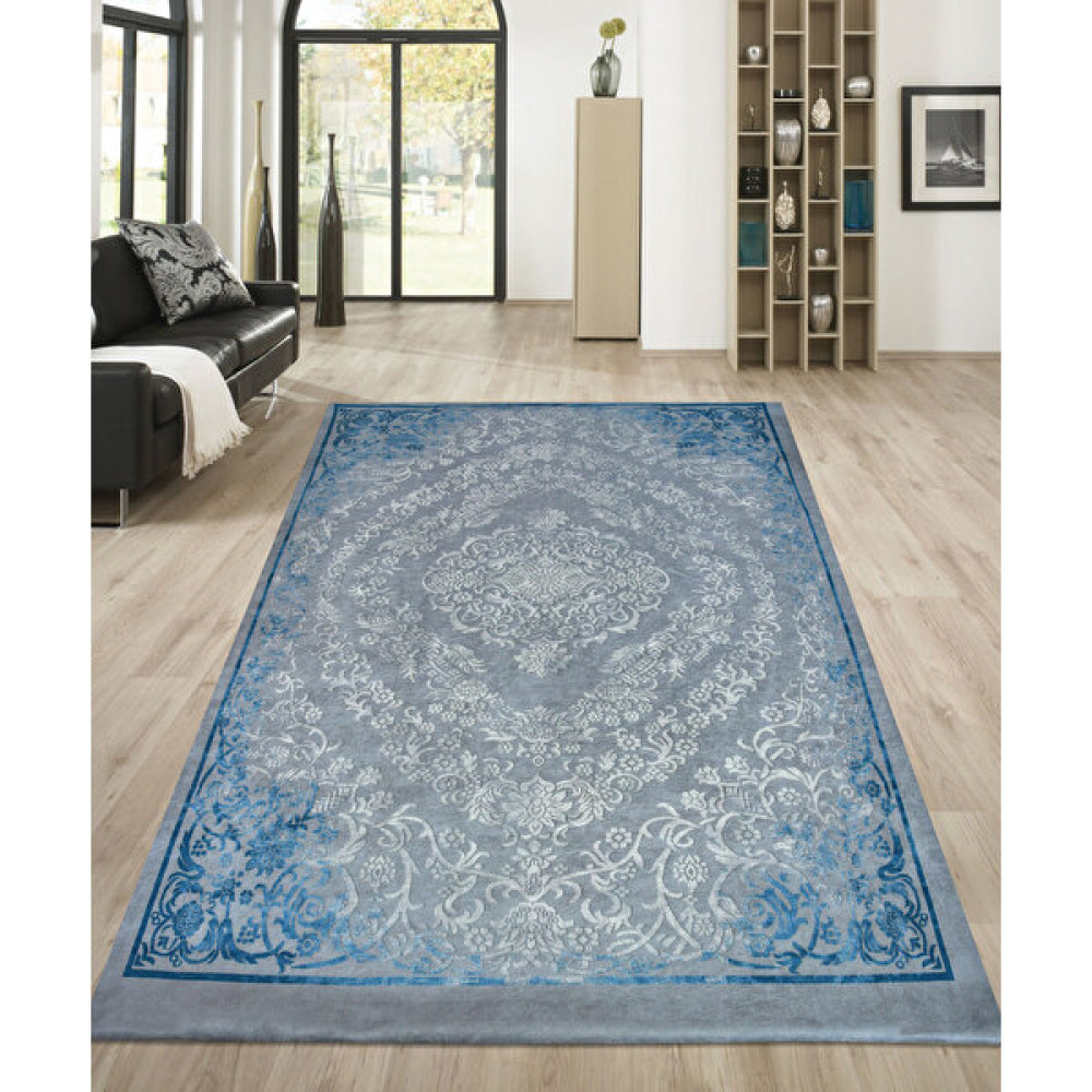 Nur Home Tekstil Mavi & Gri Motifli Süngerli Kadife Lastikli Halı Örtüsü - Mavi - Gri - 200 x 290 cm Salon & Oturma Odası Tekstili Fiyatı