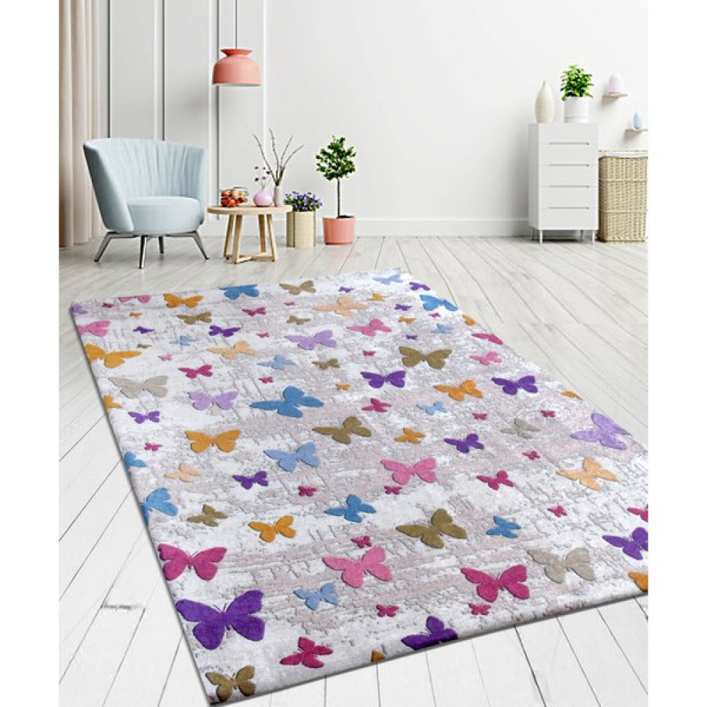 Nur Home Tekstil Süngerli Kadife Lastikli Halı Örtüsü Nrh-10 Kelebek Modeli - 160 x 233 cm - Beyaz - Pembe Salon & Oturma Odası Tekstili Fiyatı