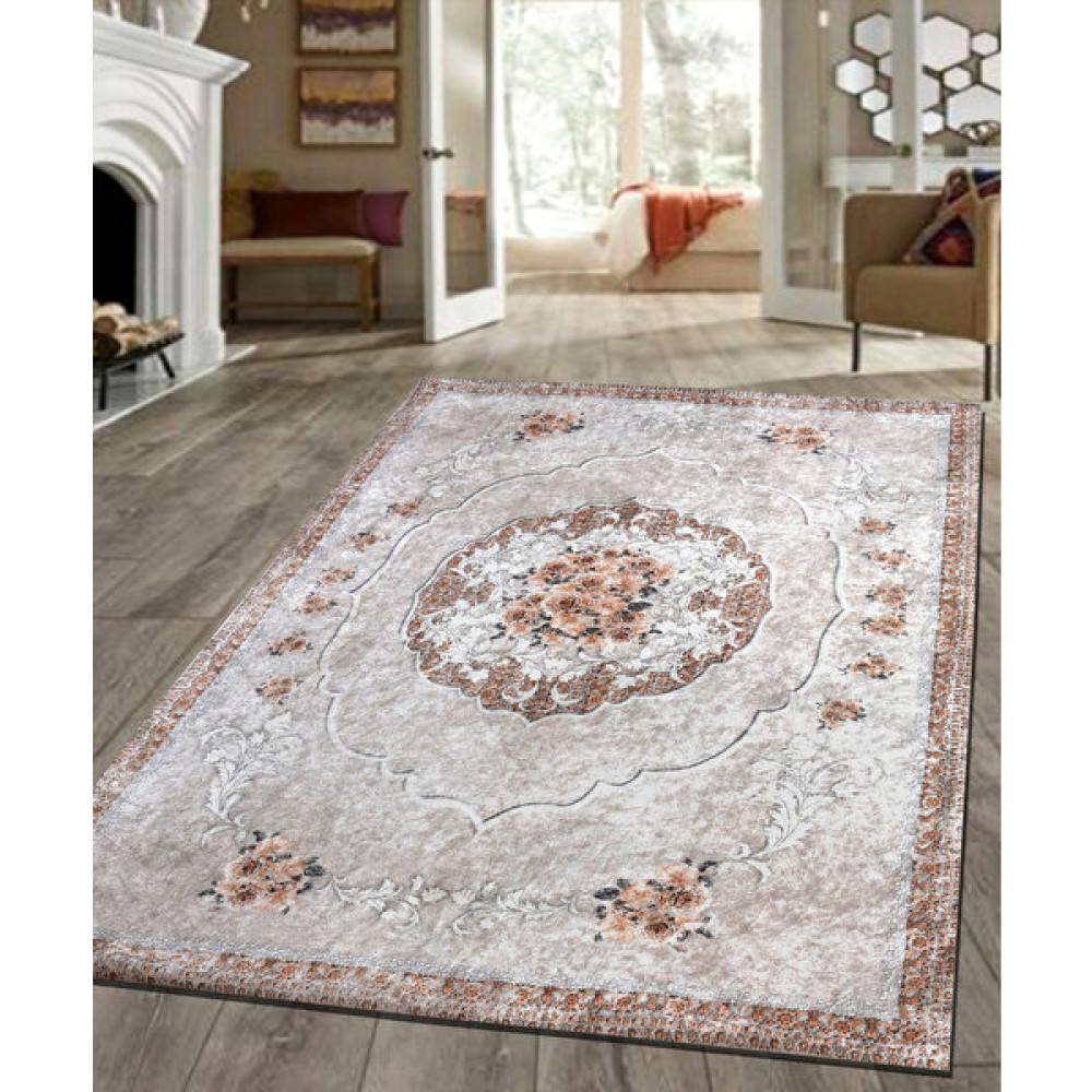 Nur Home Tekstil Süngerli Kadife Lastikli Halı Örtüsü Nrh-13 Kahve Krem Çiçek Sepeti - Bej - 160 x 230  cm Salon & Oturma Odası Tekstili Fiyatı